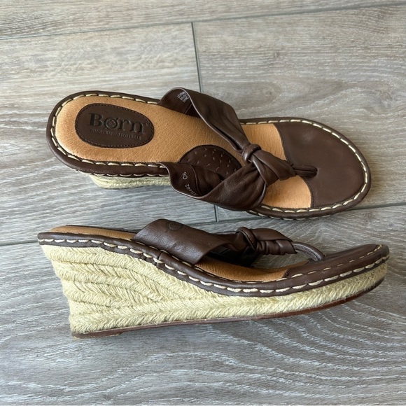 Born Brown Leather Espadrille Wedge Flip Flop Sandal - Picture 2 of 16